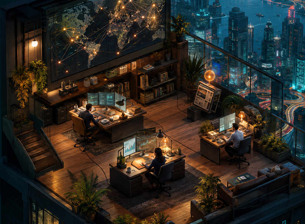 Concept art of a fund headquarters overlooking the city