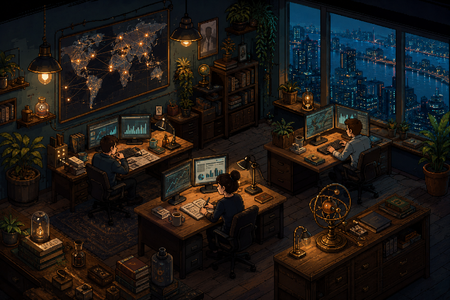 Pixel-style concept art of a cozy research office with three desks and city windows