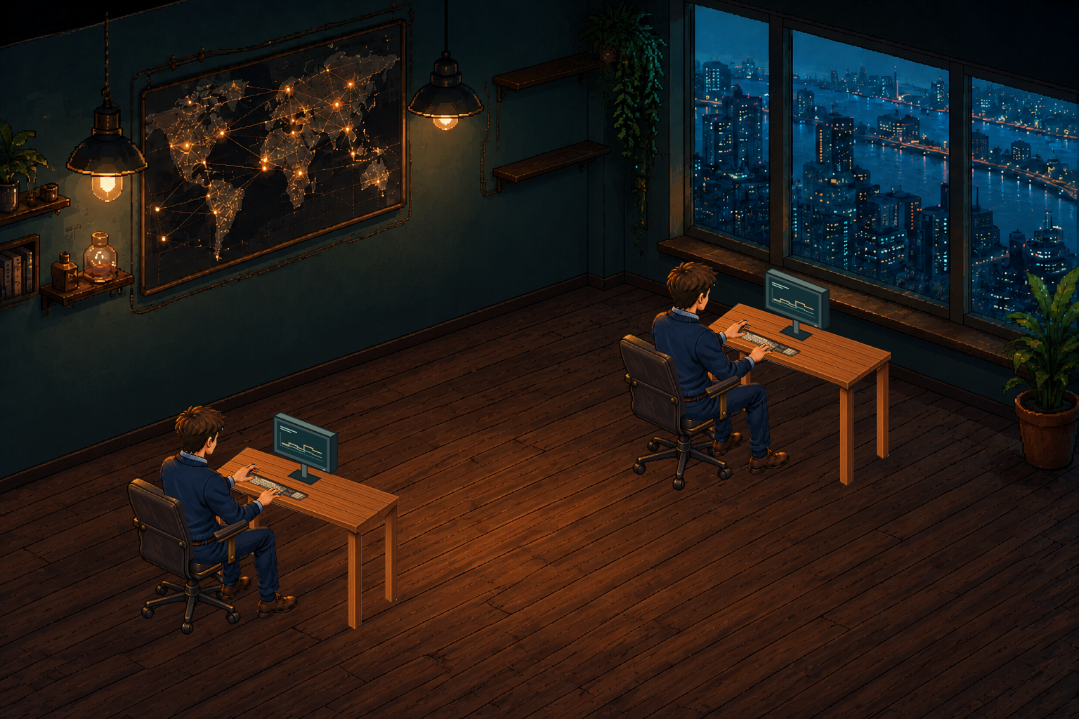 Pixel-art research office with two teammates, warm lamplight and a city view