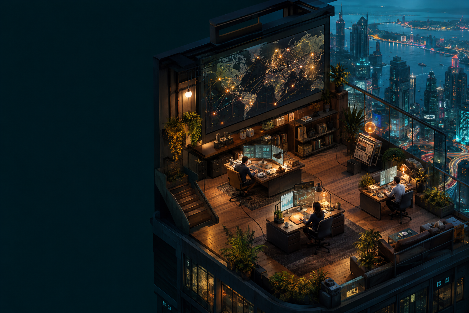 Concept art of a fund office overlooking the city